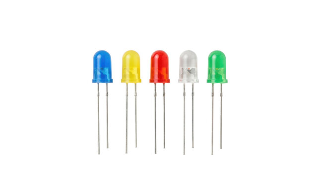Assortment of colored light emitting diodes on a white surface showcasing various hues and electronic components led light-emitting diode lighting illumination electronics