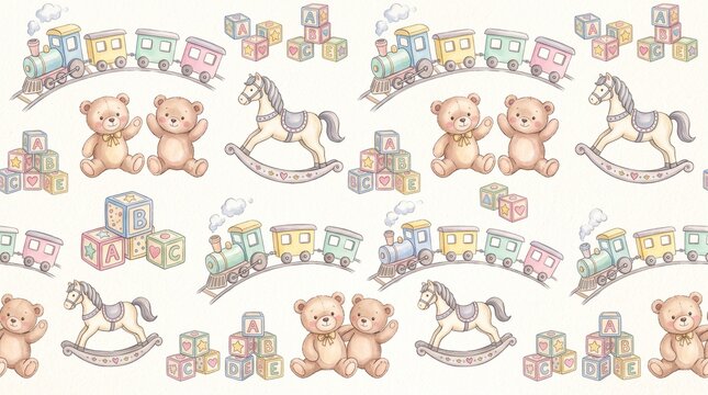 Cute Baby Toys Seamless Pattern with Teddy Bears Trains and Blocks