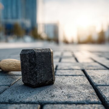 Heavy black rubber mallet with wooden handle resting on paved outdoor surface during sunset in an urban environment with blurred buildings in background
