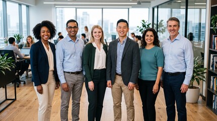 Fototapeta premium Diverse professional team smiling in modern office environment