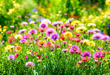 Fototapeta premium Colorful wildflower meadow with various blooming aster flowers in a sunny spring garden, nature and growth concept, the vibrant petals