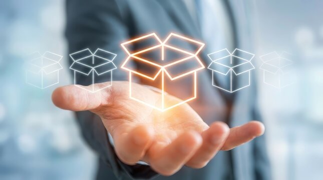 Glowing holographic cardboard box floating over open hands