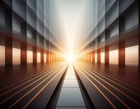 award winning abstract corporate background dramatic horizon depth effect layered architectural planes extending toward a bright central vanishing point smooth geometric perspective