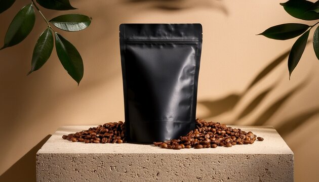 premium blank matte black coffee pouch standing on elegant beige travertine pedestal surrounded by roasted coffee beans soft botanical shadows