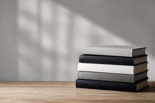 A stack of books rests on a wooden table against a plain gray wall with sunlight casting shadows.