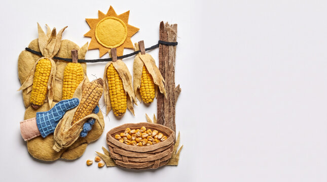 Corn drying in the sun on a wooden stick with basket and sun  
