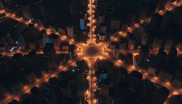 Aerial City Intersection at Night with Radiant Traffic Flow