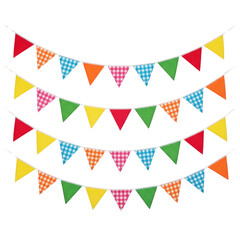 Obraz premium Three rows of colorful swallowtail bunting flags with fabric textures and gingham patterns hang against a transparent background. festive celebration concept