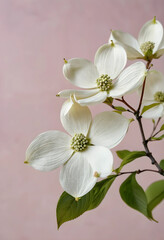 Fototapeta premium White dogwood flowers blooming on a branch with green leaves against a soft pink background, spring nature concept, the delicate blossoms feature four white petals and a cluster of light