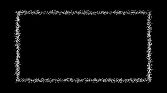 White hand drawn scribble rectangle frame seamless loop animation with stop motion effect on black background. 4K animated for scribble frame overlay, video editing, border, and motion graphics.