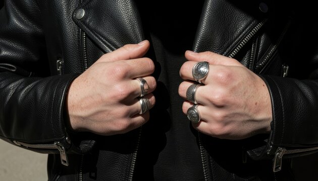 Close-up of hands with silver rings holding the lapels of a black leather motorcycle jacket under harsh direct sunlight