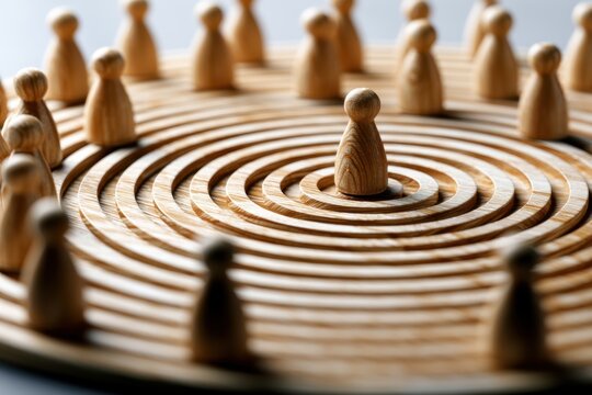Wooden game pieces arranged on a circular labyrinth board symbolizing leadership, strategy, influence, and social dynamics in a competitive environment