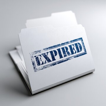 White file folder marked with a blue expired stamp symbolizing outdated or invalid documents in a minimalistic office setting