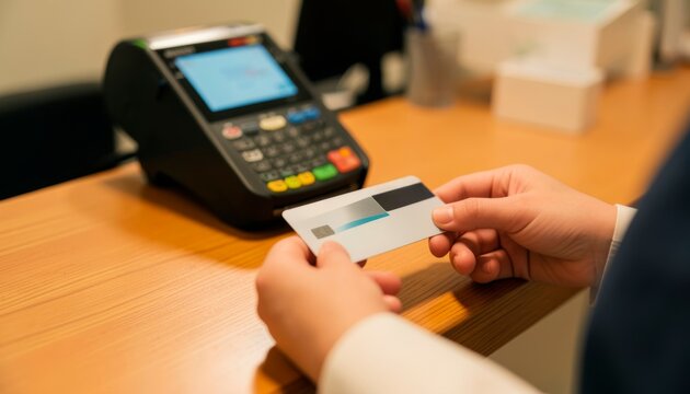 Close-up of hands holding a silver credit card on a wooden countertop with a blurred POS payment terminal in the background under warm light