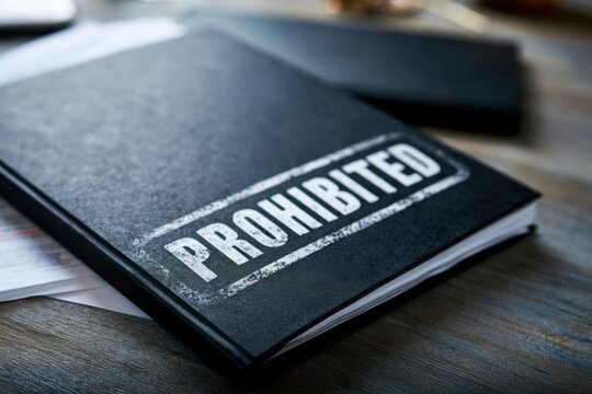 Black folder marked with prohibited stamp lying on wooden desk next to documents symbolizing restricted or forbidden information and confidentiality