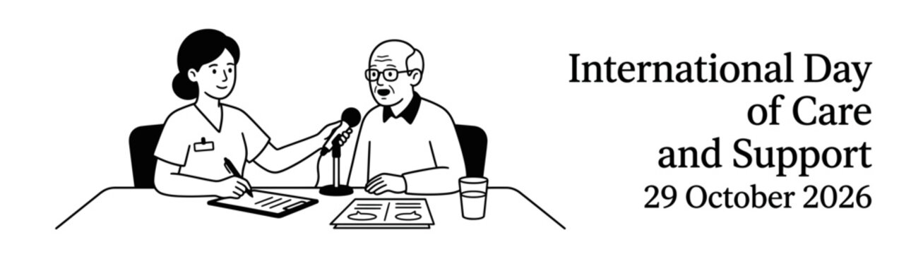 International Day of Care and Support October 29 2026 banner with caregiver interviewing elderly man