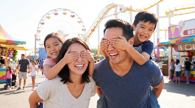  A happy Asian family at an amusement park with children playfully covering their parents' eyes