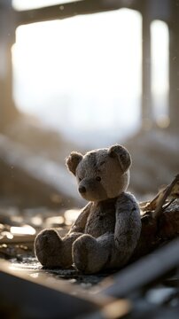 Vintage teddy bear sitting quietly in an abandoned building with soft natural light shining through broken windows creating a nostalgic atmosphere