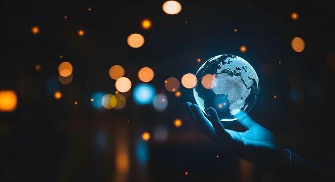 Abstract digital globe representation with glowing bokeh lights on a dark blue background