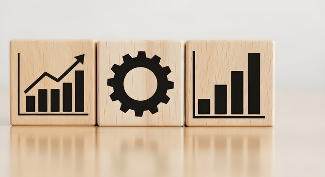 Wooden blocks showing business growth charts and a gear icon for corporate strategy development