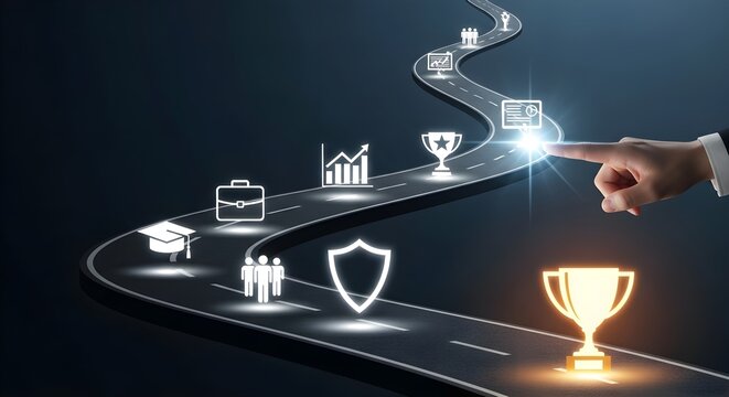 Business professional hand touching a glowing trophy icon on a digital roadmap to success