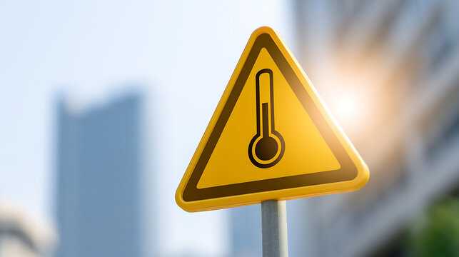 Yellow triangular heat warning sign with a thermometer symbol in an urban environment under bright sunlight, indicating high temperatures