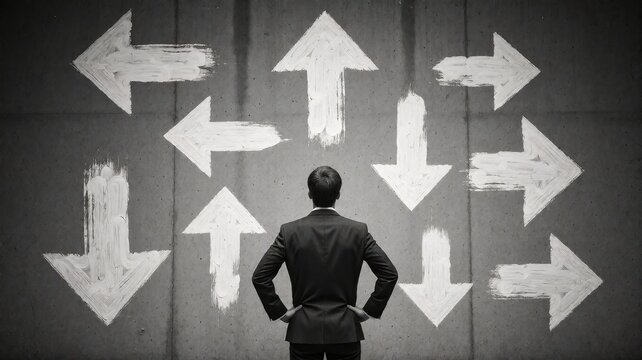 Businessman Standing Before Wall with Multiple Directional Arrows