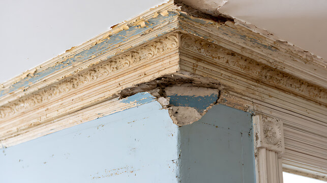 Damaged ornate cornice and peeling paint on a light blue wall, showing wear, neglect, and decay in an old interior space, repair needed