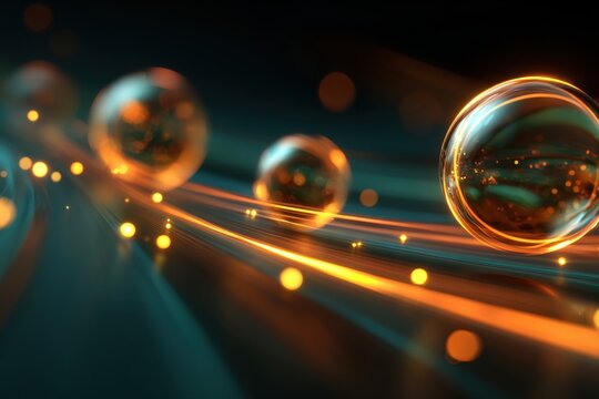 Glowing futuristic orbs traveling along luminous flowing lines in a dark abstract digital background with sparkling light effects and vibrant warm colors