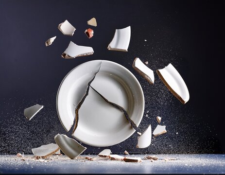 a shattered white ceramic plate breaking apart into pieces against a dark background