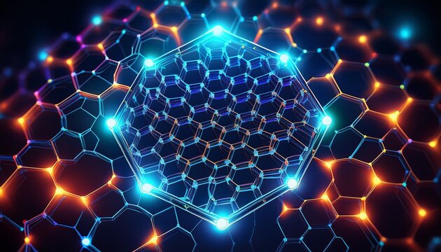 graphene a hexagonal atomic structure is a scientific breakthrough in molecular chemistry with abstract honeycomb shapes made of glowing neon particles