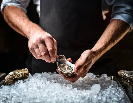 chef shucking fresh oysters preparing gourmet seafood meal on ice fine dining experience