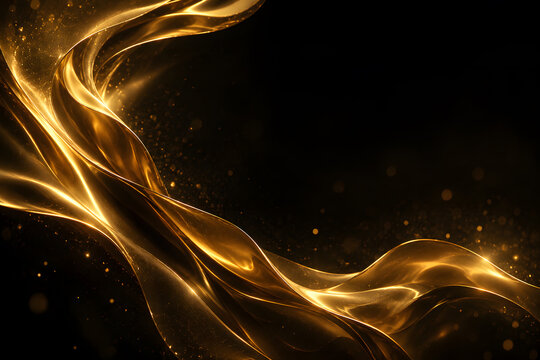 Luxury Flowing Molten Gold Silk Waves on Black Abstract Background with Copy Space
