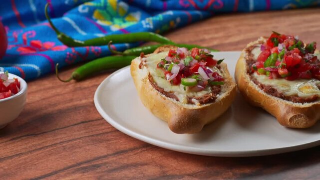 Mexican Molletes topped with fresh pico de gallo and green chili