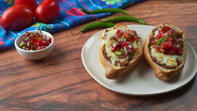 Rustic Mexican Molletes with fresh tomato onion salsa also known as pico de gallo