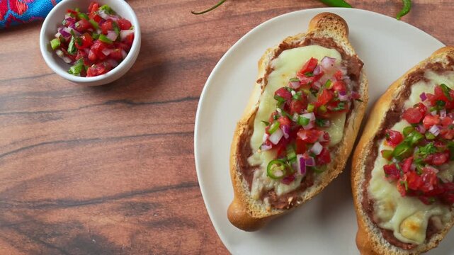 Simple and elegant flat lay of molletes on a wooden surface