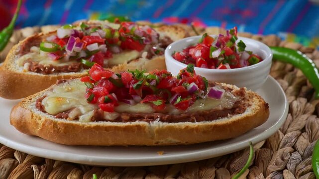 Traditional Mexican open sandwich also known as molletes with beans and cheese