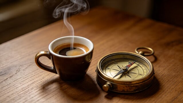Steaming cup of espresso coffee next to a vintage brass compass on a wooden table, symbolizing travel and direction