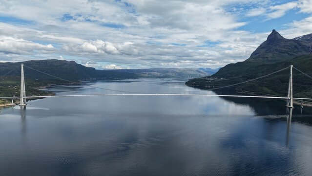 Aerial View of H&aring;logaland Bridge Across Ofotfjord Near Narvik, Norway