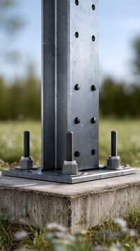 Industrial steel column bolted to a concrete base outdoors with green grass and clear sky in the background for structural support and construction stability