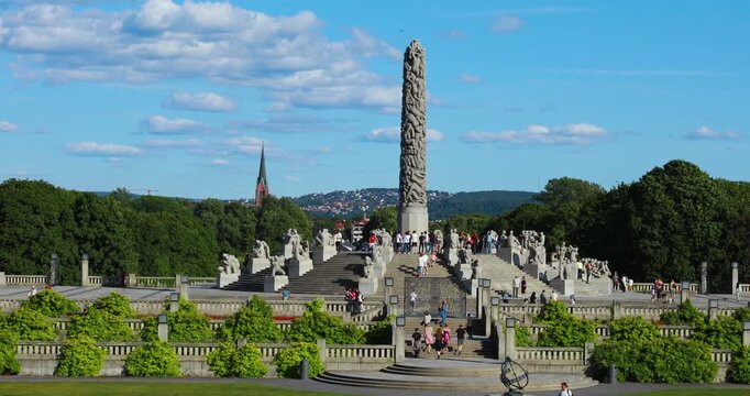 Sunset view of the Vigeland sculpture park in Oslo, Norway.