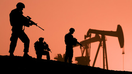 Obraz premium Silhouette of armed personnel on a hill with industrial equipment in the background against a dramatic orange sky at dusk or dawn