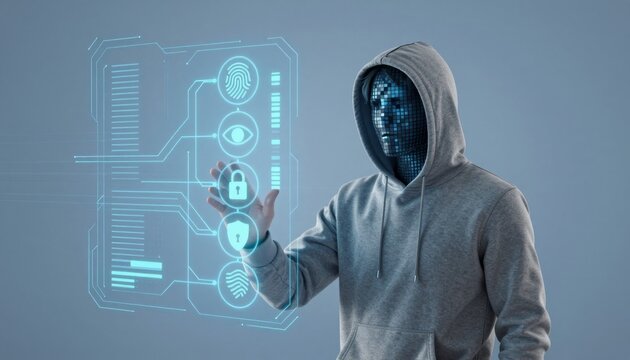 Digital Hacker Interacting with Futuristic Biometric Security Interface