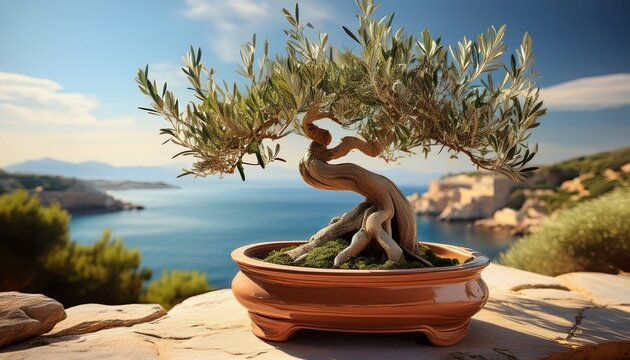 bonsai olive tree in mediterranean coastal landscape pottery planter