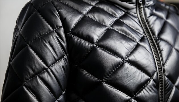 close up of a quilted black puffer jacket