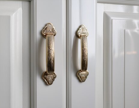 close up of decorative cabinet handles on white cabinetry
