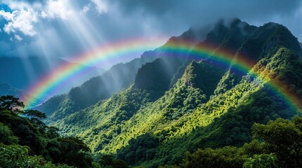 Obraz premium Bright rainbow arches over rich green tropical mountains after heavy rain. Sunlight streams through dark clouds onto thick forest slopes. Scenic landscape view shows colorful sky arc above misty