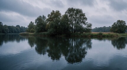 Fototapeta premium Wide view of Inn river near Kirchdorf at cloudy dusk. Dark trees, green grass grow on bank. Calm water reflects thick grey sky. Natural scenery offers quiet mood in rural area. Outdoors landscape