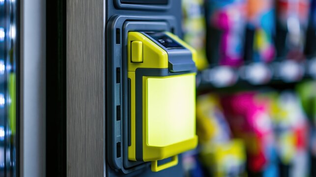 Modern yellow card reader attached to a vending machine for convenient contactless payments with colorful snack packages blurred in the background
