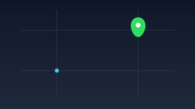 Minimalist map pin location animation with blue point marker on dark grid 4k background, location marker